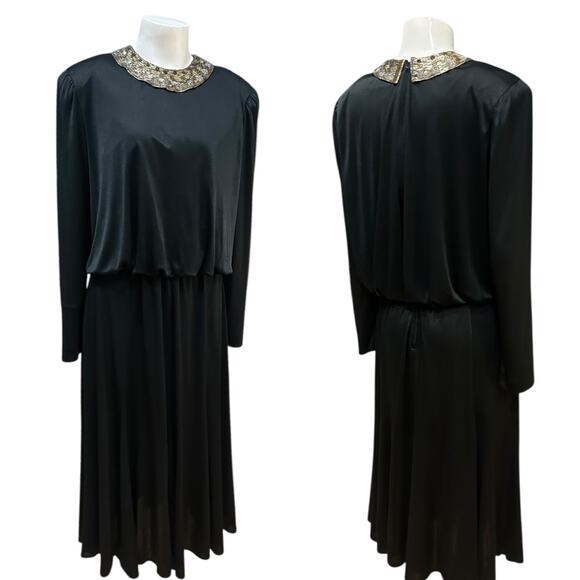 Vintage 1980s Black Beaded Collar Dress – Long Sleeve Drop Waist / Medium - - Picture 2 of 5